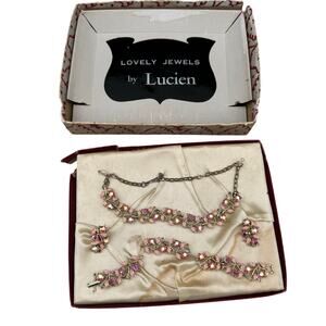 VTG Lucien Piccard? 50’s pink Enamel Rhinestone necklace earrings Bracelet READ